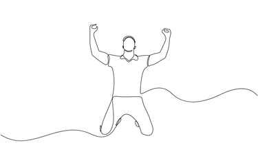 Fototapeta premium Continuous line drawing of cheering man holding fists, One line drawing of cheering businessman holding fists. One line art concept of business success. Vector illustration.