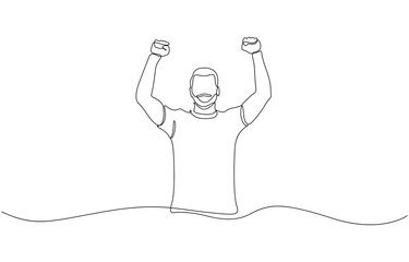 Continuous line drawing of cheering man holding fists, One line drawing of cheering businessman holding fists. One line art concept of business success. Vector illustration.