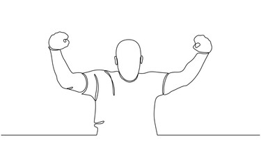 Continuous line drawing of cheering man holding fists, One line drawing of cheering businessman holding fists. One line art concept of business success. Vector illustration.