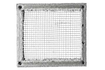 Square metal mesh screen with a rough frame isolated on a transparent background