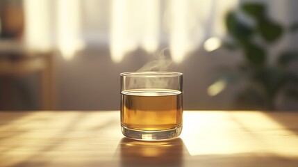 Glass of Steaming Tea on a Wooden Table