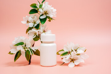 Jar with pills on pink background. Health concept. Medicine, pills, flu and cold, headache