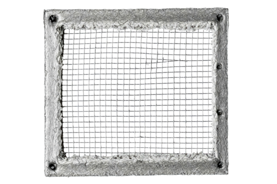 Square metal mesh screen with a rough frame isolated on a transparent background