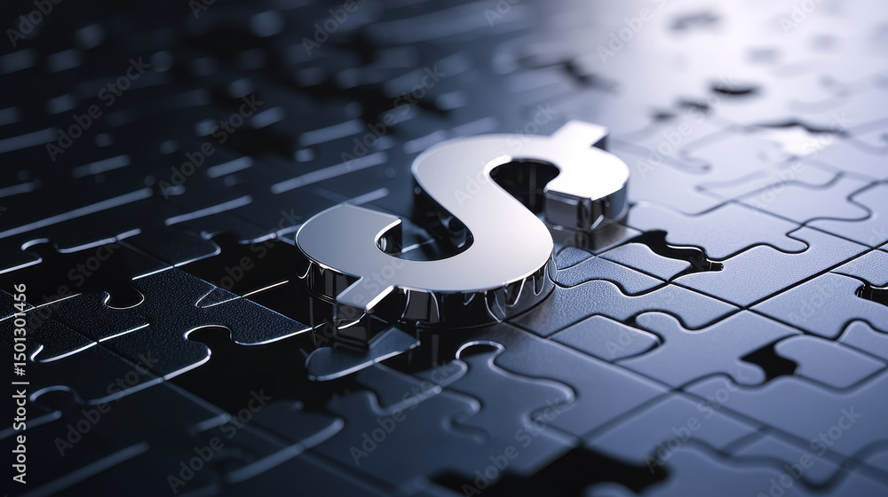 Poster shiny dollar sign rests on dark puzzle background, symbolizing financial concepts and problem solvin
