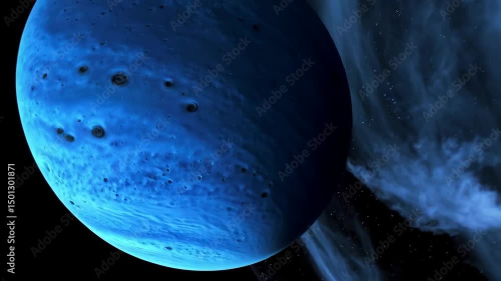 Wall mural abstract blue planet with textured surface orbiting in space next to a nebula, creating a sense of c
