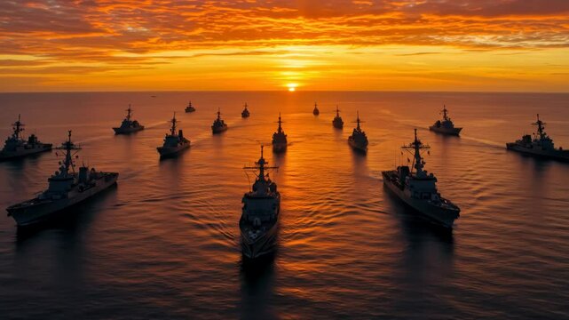 Warships Cruising at Sunset During Tactical Exercise
