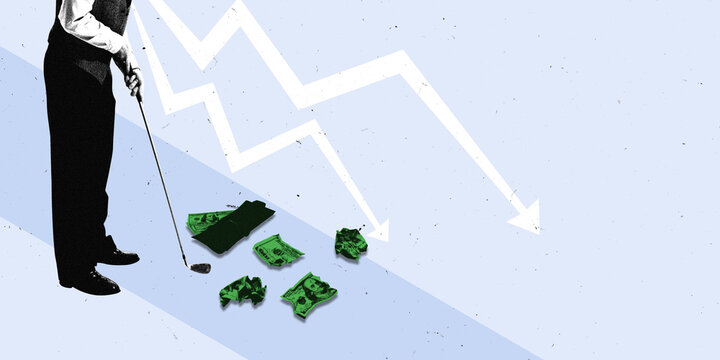 Businessman hits crumpled bills down falling stock chart path. Golfing on Loss. Composite art collage. Concept of financial failure, recession, stock market crash, losing investments and income - Powered by Adobe