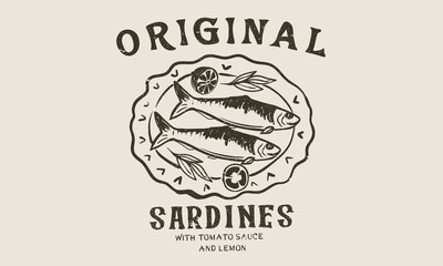 Dinner party. Sardines fish artwork for t shirt print, poster, sticker and other uses. In pure olive and lemon. Canned fish artwork. 