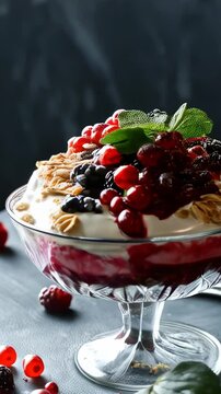 Estonian kama with yogurt in a glass bowl, a mixture of ground grains with fresh berries. A traditional and healthy Estonian dish