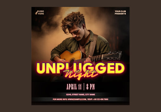 Unplugged Night Music Event Social Media Post with Live Performance by Male Guitarist and Event Details, Editable Design.