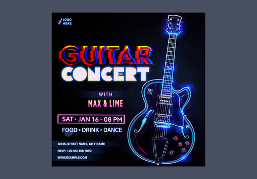 Live Music Concert Social Media Post with Electric Guitar and Event Details, Editable Design.