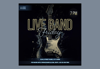 Live Band Friday Social Media Post with Guitar Illustration for Weekend Event, Editable Design.