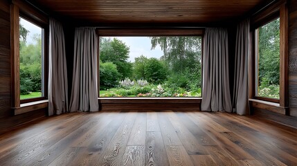 Serene Wooden Room Overlooking Lush Garden.