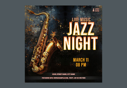 Jazz Concert Social Media Post with Saxophone Illustration and Live Music Announcement, Editable Design.