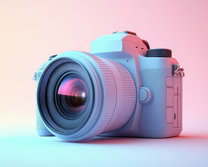 Modern Digital Camera with Lens in Creative Pastel Lighting Against Gradient Background