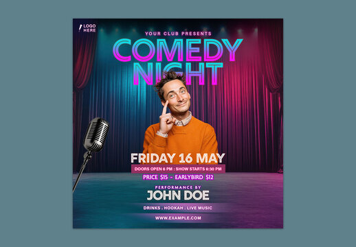 Comedy Night Social Media Post with Male Comedian and Vintage Microphone for Club Event Promotion, Editable Design.