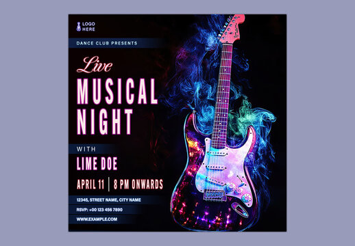 Live Musical Night Social Media Post with Electric Guitar and Smoke Effect, Editable Design.