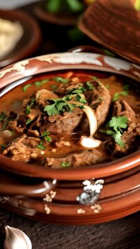 Pakistani nihari in a clay pot, a slow-cooked spicy beef stew. A traditional and flavorful dish from Pakistan