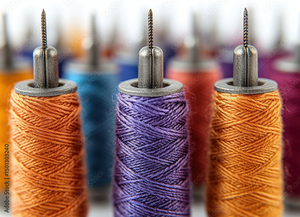 Poster colorful spools of thread in close-up with focus on texture and variety in a sewing context