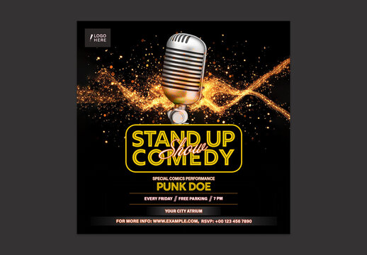 Stand Up Comedy Show Social Media Post with Vintage Microphone for Club Event Promotion, Editable Design.