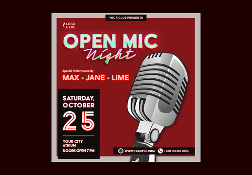 Open Mic Night Social Media Post with Vintage Microphone Illustration for Club Event Promotion, Editable Design.