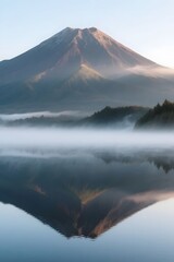 Fototapeta premium Volcanic Mountain Reflected in Calm Lake at Sunrise