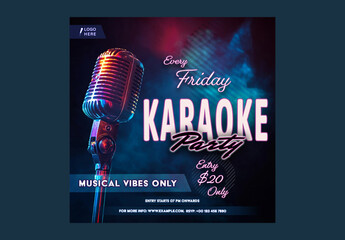 Karaoke Party Social Media Post with Vintage Microphone and Neon Night Vibes for Event Promotion, Editable Design.