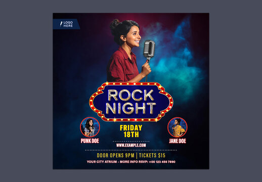 Rock Night Party Social Media Post with Female Singer Holding Vintage Microphone for Event Promotion, Editable Design.