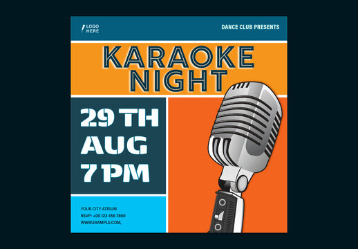 Karaoke Night Party Social Media Post with Vintage Microphone Illustration for Event Promotion, Editable Design.