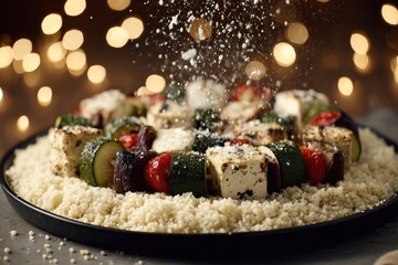 Grilled vegetable skewers on couscous