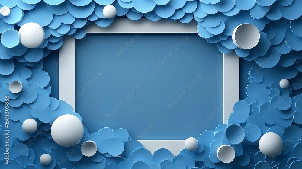 Poster blue frame amidst layered circles and spheres, creating a textured, depth-filled design
