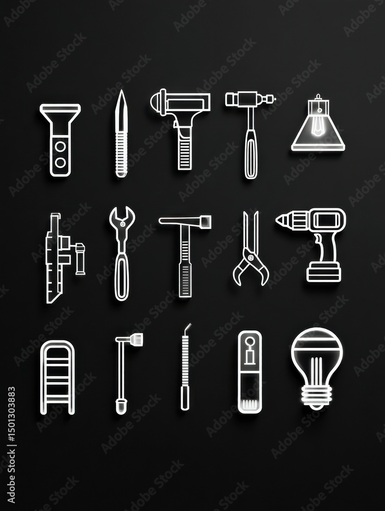 Poster minimalist icon set featuring essential construction tools arranged in a central light space for eas