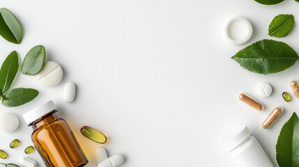 Clean and minimalistic layout featuring various supplements, capsules, and leaves, creating fresh and natural vibe
