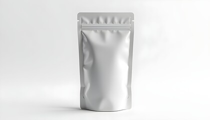 A blank white stand up pouch on a plain light background