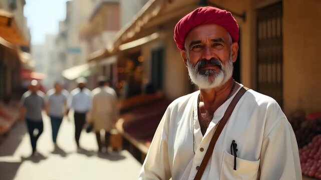 Algerian man in Algiers, wearing a traditional red djellaba around his head, standing in the Casbah