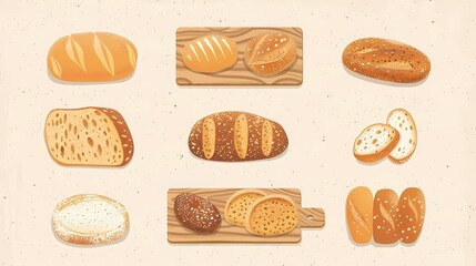 Collection of various bread types, sourdough, baguette, whole wheat, rye, etc.  Perfect for bakery menus, food blogs, and culinary websites.