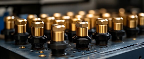 Close-up of precision-engineered brass and black metal industrial components
