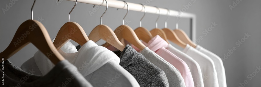 Poster minimalist rack holds neatly arranged gym clothes, showcasing a soft color palette