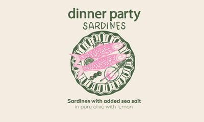 Dinner party. Seafood artwork. Sardines love club. Sardines fish artwork for t shirt print, poster, sticker and other uses.