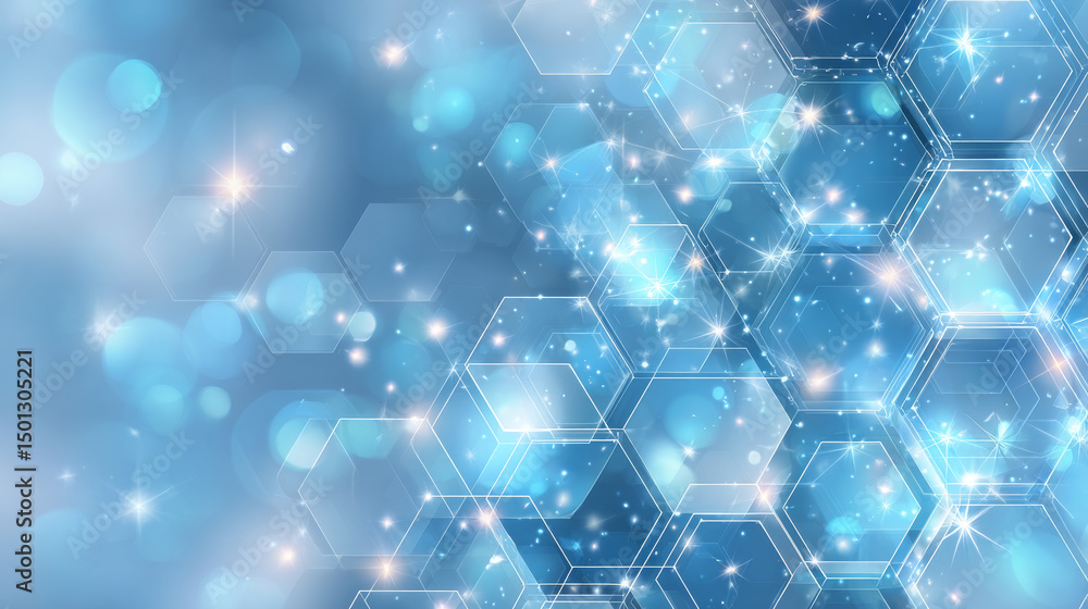 Poster blue pastel medical and tech background with hexagon pattern and bright sparkles. realistic vector a