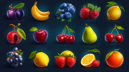 Fruit game icons for casino slot machine, gambling, lotteries or mobile puzzle ui elements. Plum, bananas or cherry, blueberry, pear and orange with lemon and strawberry bonus 3d vector cartoon set