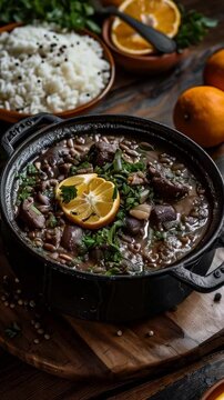 Brazilian feijoada served in a cast-iron pot, accompanied by rice, oranges, and farofa. A traditional Brazilian dish, rich and flavorful