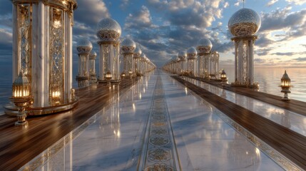 A long, narrow walkway with many pillars