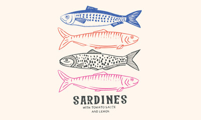 Seafood t shirt design. Sardines love club. olive, lemon and tomato artwork. Canned fish artwork.