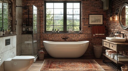 Modern industrial bathroom with freestanding tub and exposed brick walls