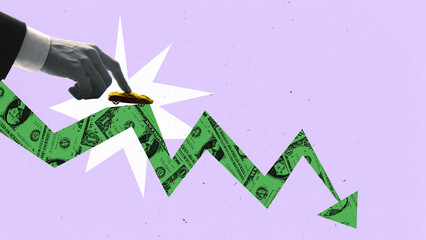 Finger pushes toy car along unstable green dollar arrow. Conceptual collage. Risk Ride. Concept of economic crisis, fragile investments, finance, market unpredictability, symbolic danger