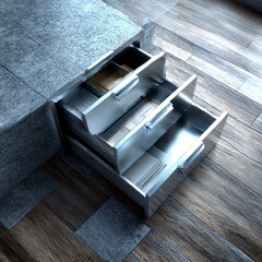 Open Stainless Steel Drawers in a Modern Kitchen on Dark Wood Floors, Contrasting with a Textured Stone Island 
