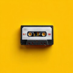 Fototapeta premium Vintage Audio: A Cassette Tape Resting on a Vibrant Yellow Background, Evoking Nostalgia and Simplicity.