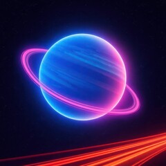 Vibrant, glowing planet with rings in space.  Neon-colored rings and planet.  Cosmic, futuristic aesthetic.  Streaks of light suggest speed or movement