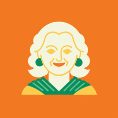 Cheerful illustrated portrait of a woman with curled hair and emerald green accents